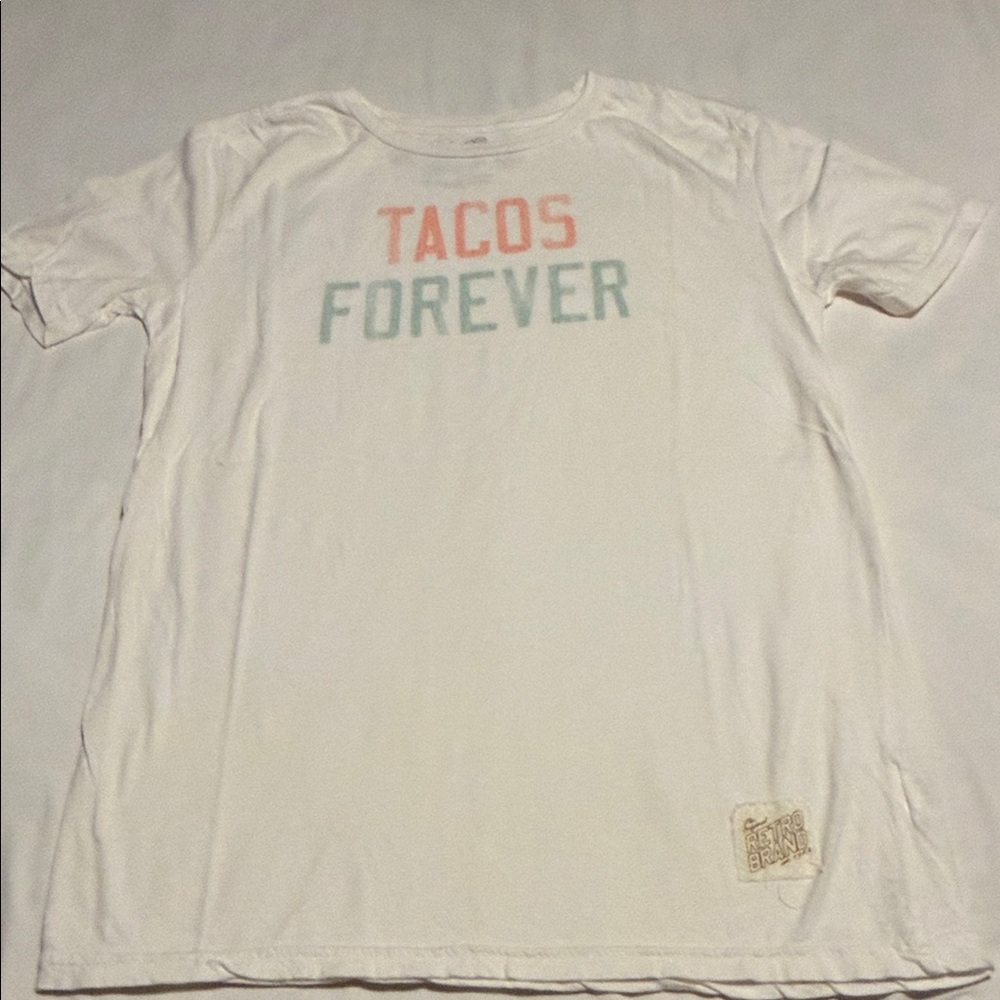 Original Retro Brand White Graphic T-Shirt with Tacos Forever Print